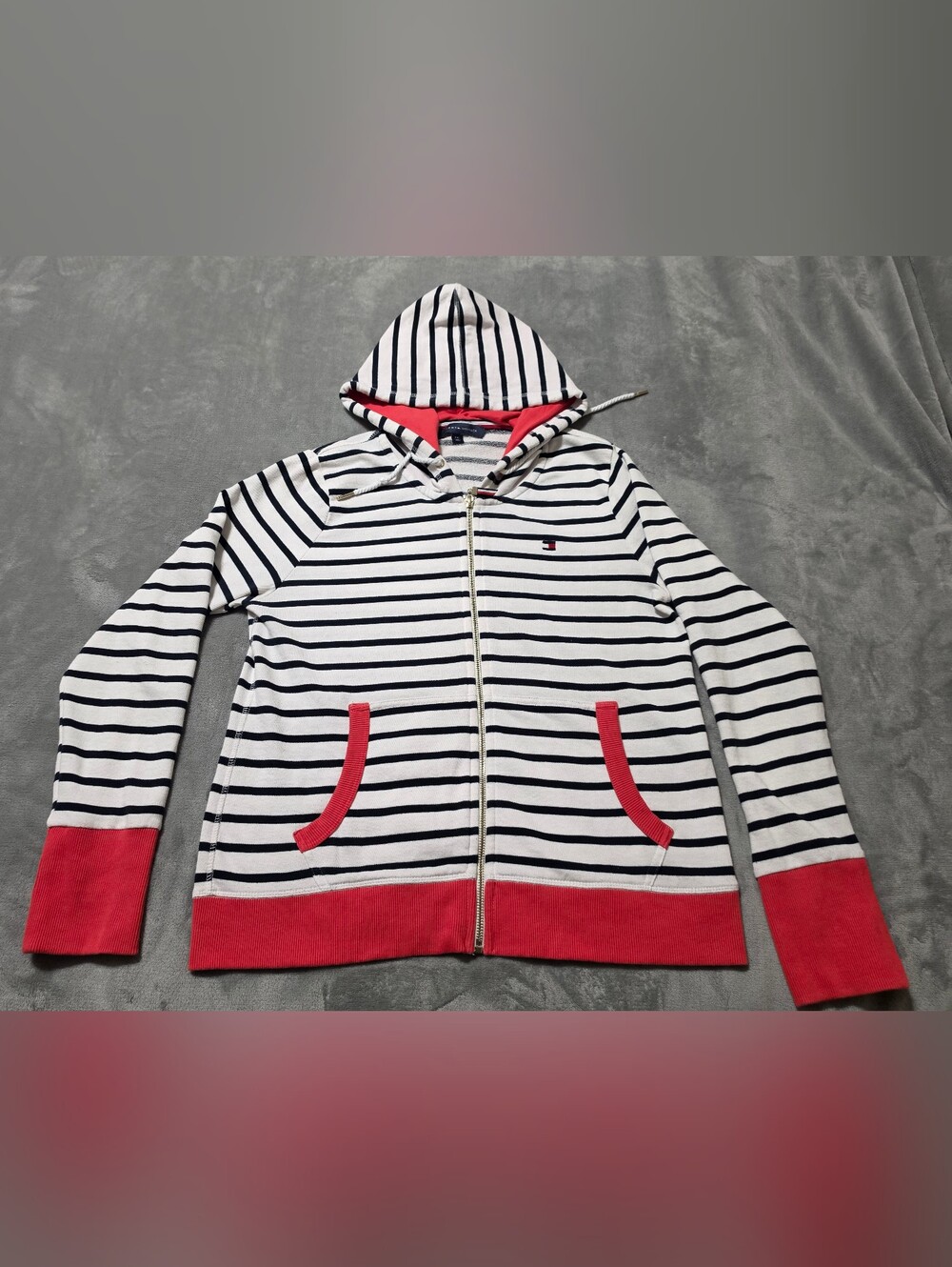 Tommy Hilfiger Striped Full Zip Hoodie Coral & Navy Blue Accent Size Medium